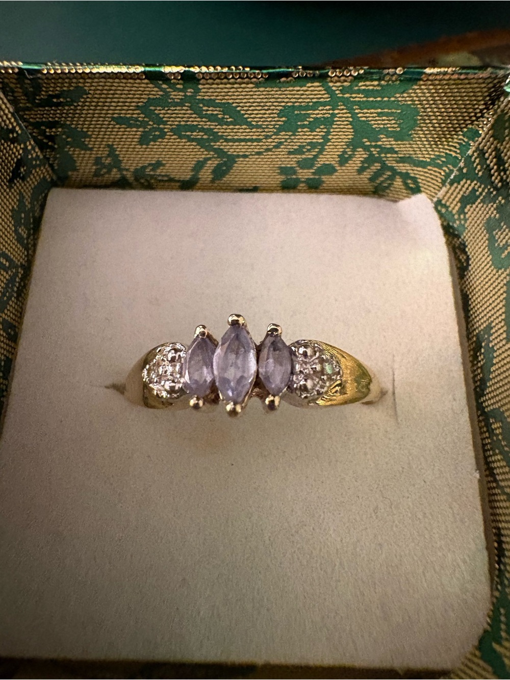 10k Yellow Gold Band Ring with Purple Marquise Gemstones and Diamonds - Picture 3 of 4